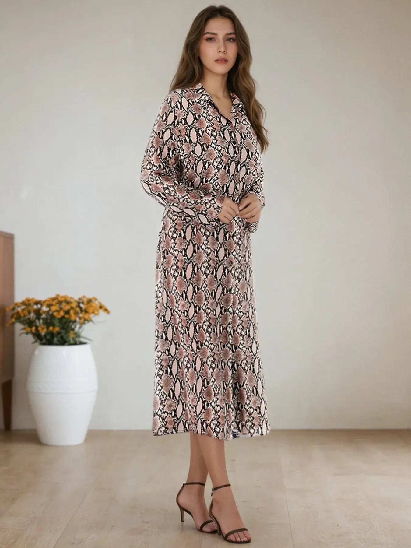 Snake Print Long Sleeve Shirt Dress - Trendsi - Flyclothing LLC