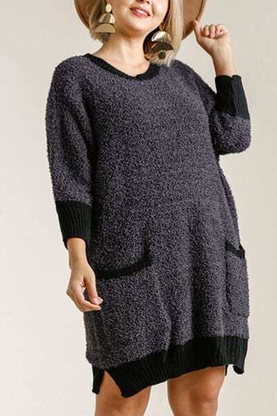 Umgee Full Size Ribbed Hem Round Neck 3/4 Sleeve Sweater Dress with Pockets Plus Size - Trendsi - Flyclothing LLC