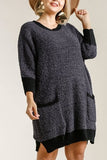 Umgee Full Size Ribbed Hem Round Neck 3/4 Sleeve Sweater Dress with Pockets Plus Size - Trendsi