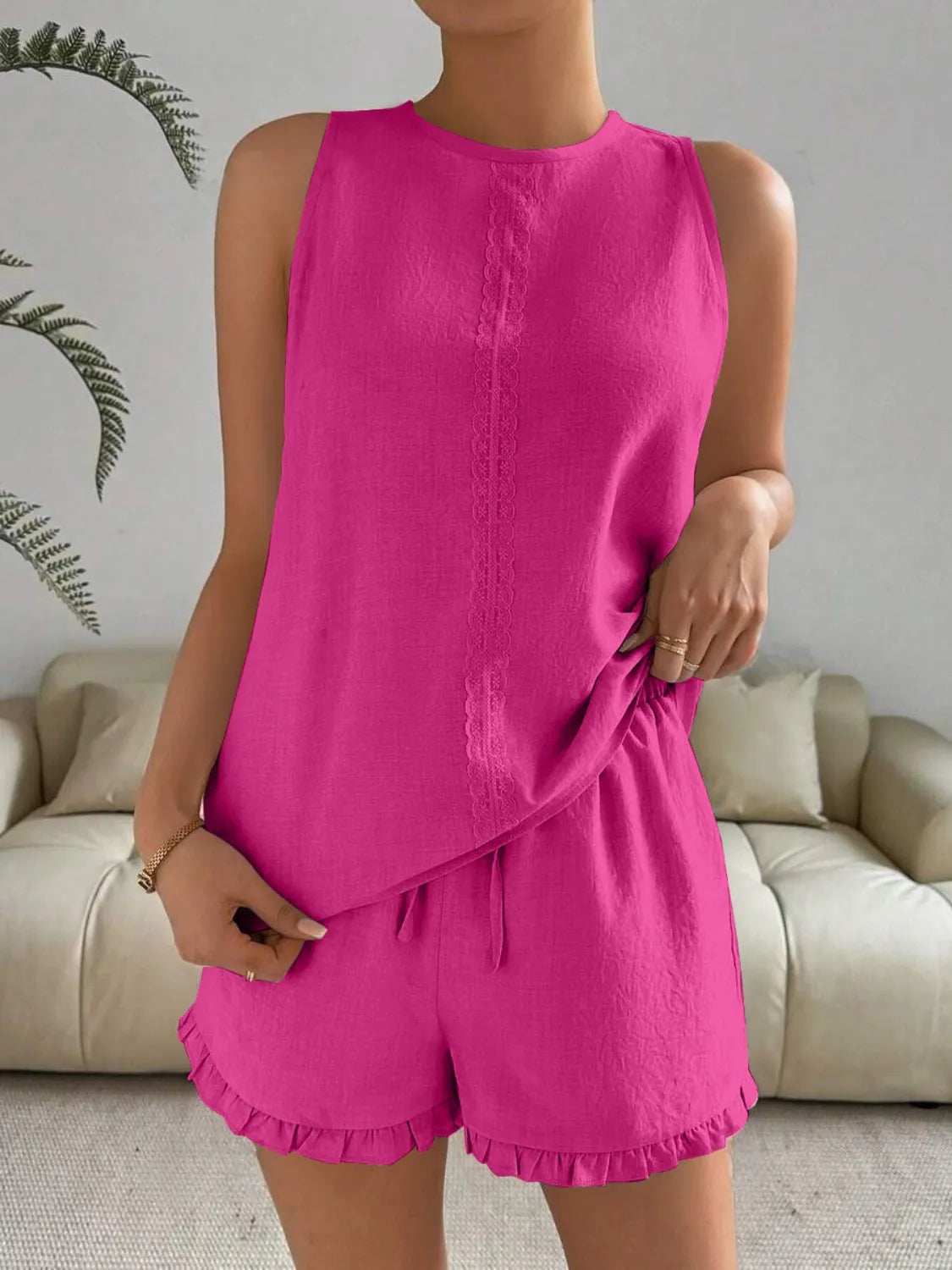 Lace Detail Round Neck Tank and Shorts Set - Trendsi - Flyclothing LLC