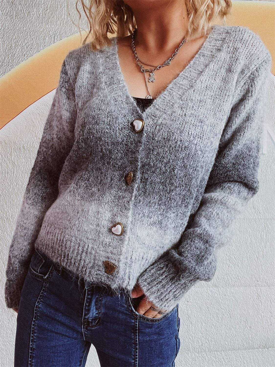 Gradient Heart Shape Button V-Neck Cardigan - Trendsi - Flyclothing LLC