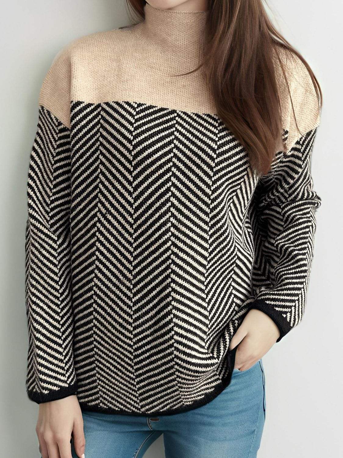 Contrast Turtleneck Long Sleeve Sweater - Trendsi - Flyclothing LLC