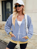 Drawstring Striped Zip Up Long Sleeve Hoodie - Trendsi - Flyclothing LLC