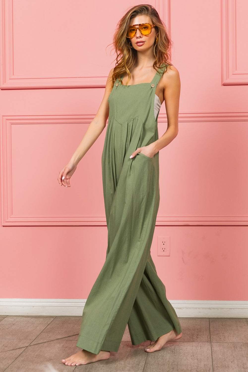 BiBi Ruched Wide Leg Overalls with Pockets - Trendsi - Flyclothing LLC