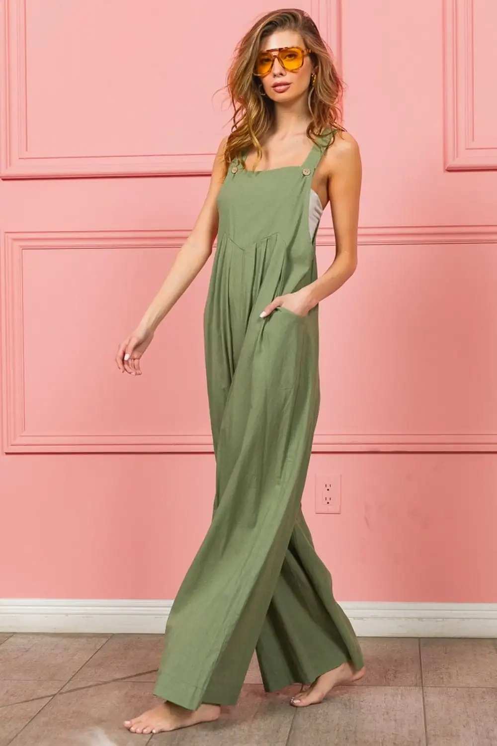 BiBi Ruched Wide Leg Overalls with Pockets - Trendsi - Flyclothing LLC