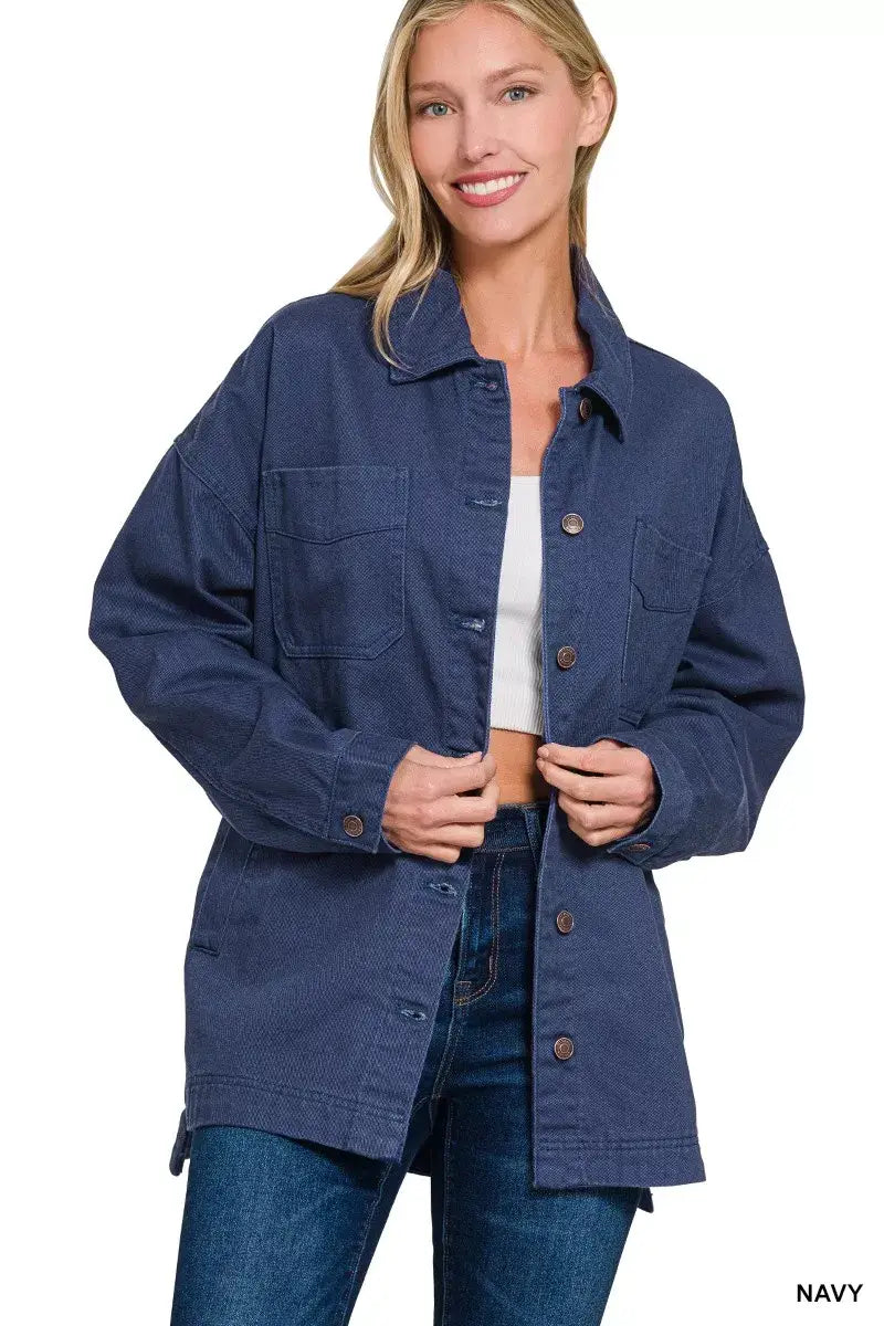 Zenana Oversized Collared Neck Button Front Shackets - Trendsi - Flyclothing LLC