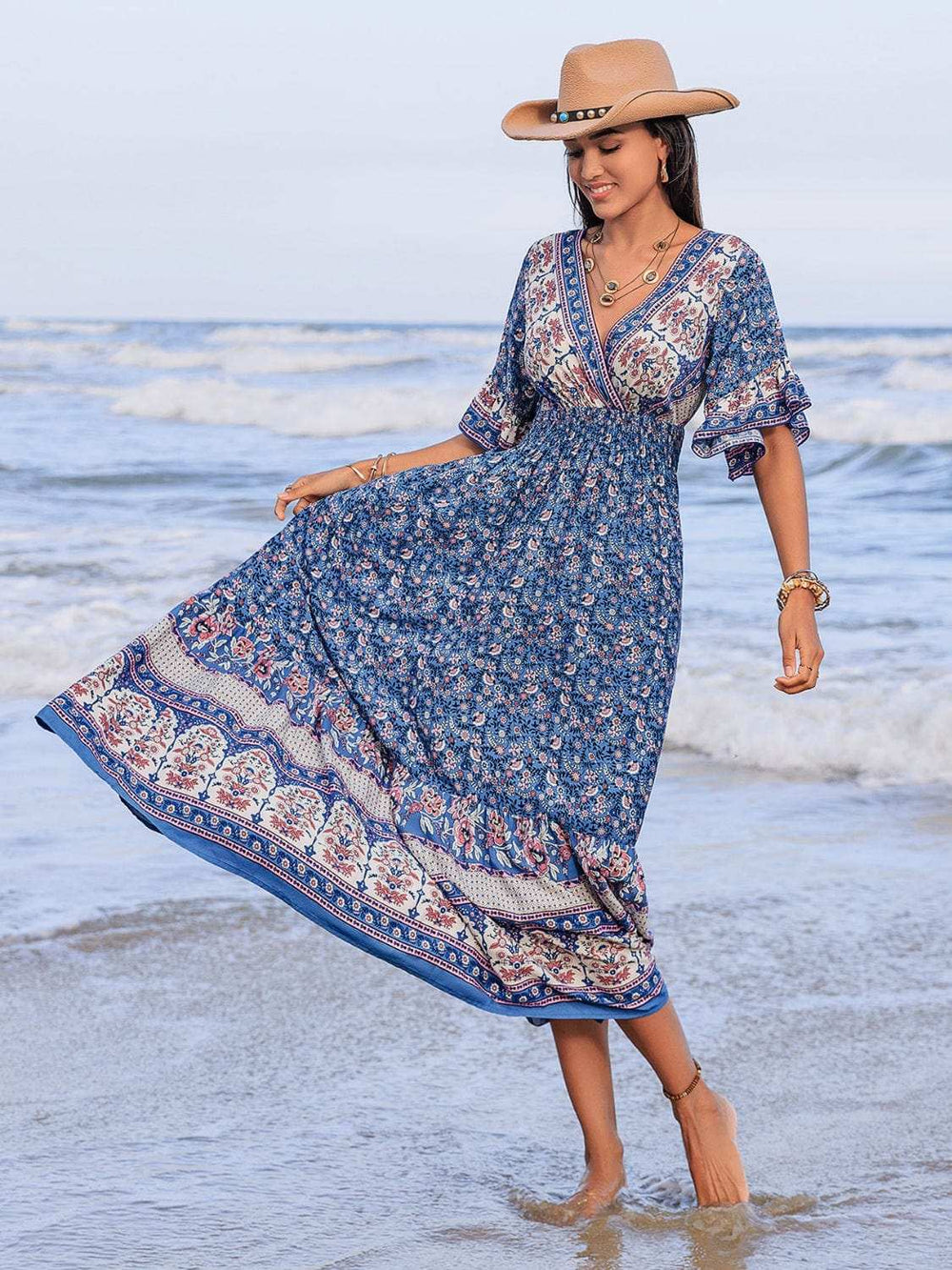 Ruched Printed Flounce Sleeve Midi Dress - Trendsi - Flyclothing LLC