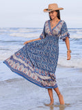 Ruched Printed Flounce Sleeve Midi Dress - Trendsi - Flyclothing LLC