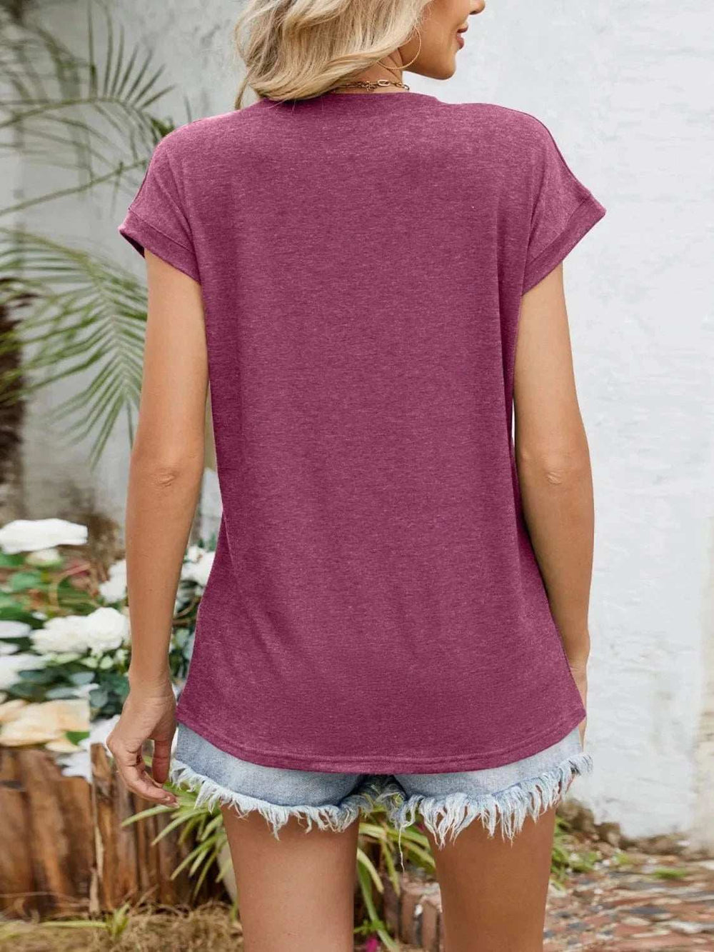 Casual V-Neck Pleated Front T-Shirt - Trendsi - Flyclothing LLC