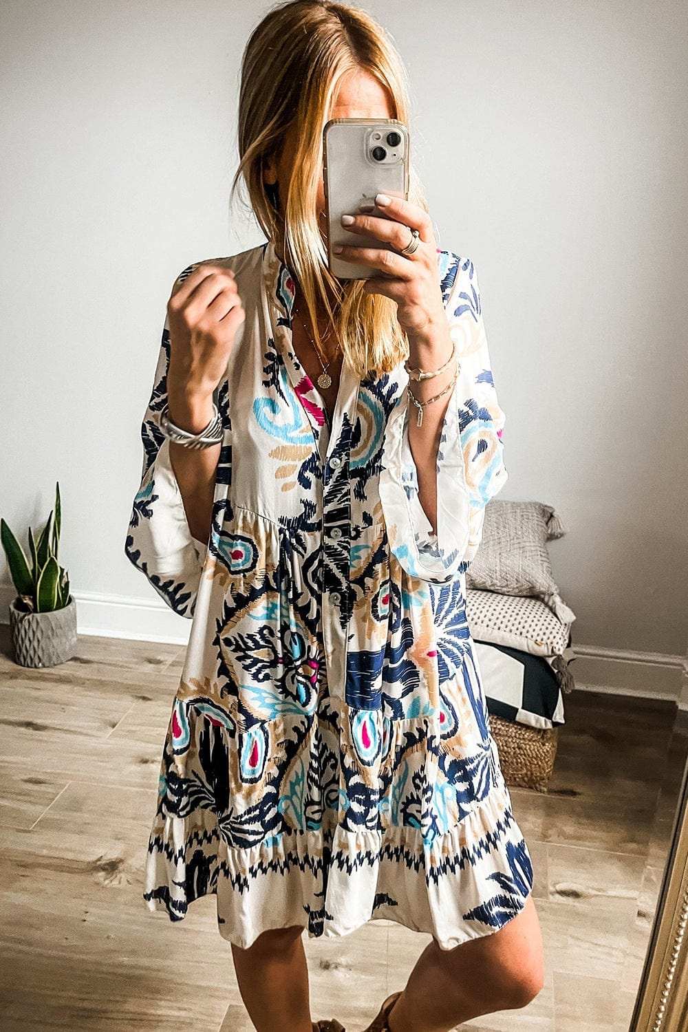 Printed Notched Three-Quarter Sleeve Mini Dress - Trendsi - Flyclothing LLC