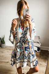 Printed Notched Three-Quarter Sleeve Mini Dress - Trendsi - Flyclothing LLC