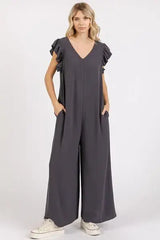 Mittoshop V-Neck Ruffled Cap Sleeve Wide Leg Jumpsuit - Trendsi - Flyclothing LLC