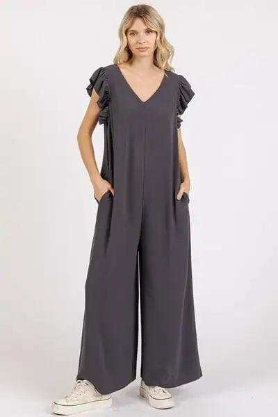 Mittoshop V-Neck Ruffled Cap Sleeve Wide Leg Jumpsuit - Trendsi - Flyclothing LLC