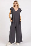 Mittoshop V-Neck Ruffled Cap Sleeve Wide Leg Jumpsuit - Trendsi