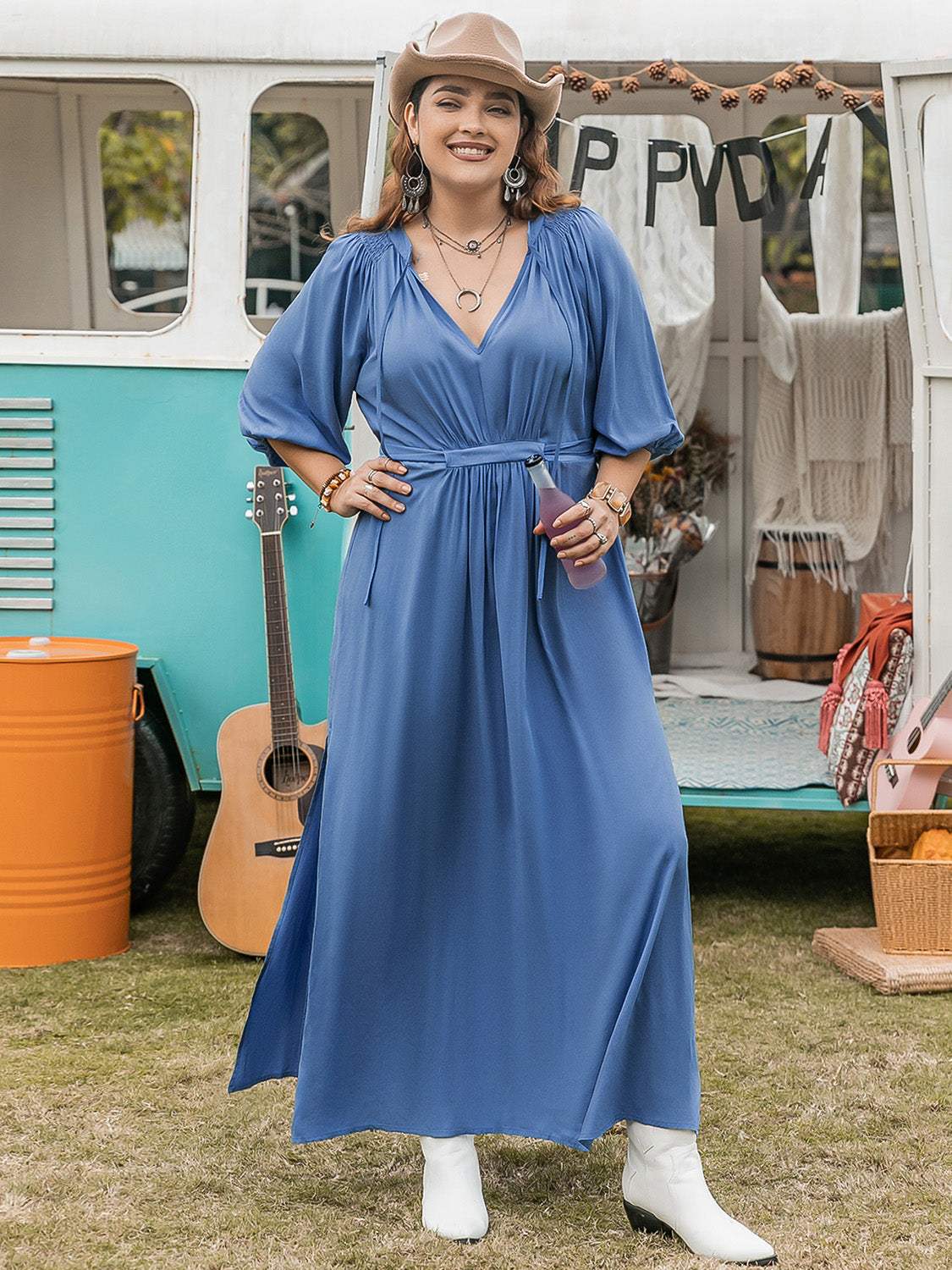 Plus Size Ruched Slit Three-Quarter Sleeve Midi Dress - Trendsi - Flyclothing LLC