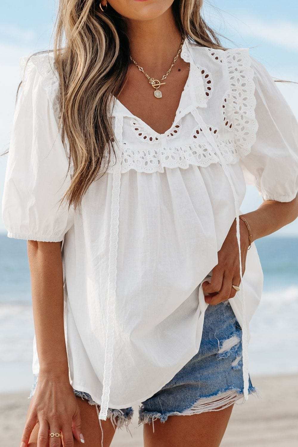 Lace Patchwork Tie Neck Short Sleeve Blouse - Trendsi - Flyclothing LLC