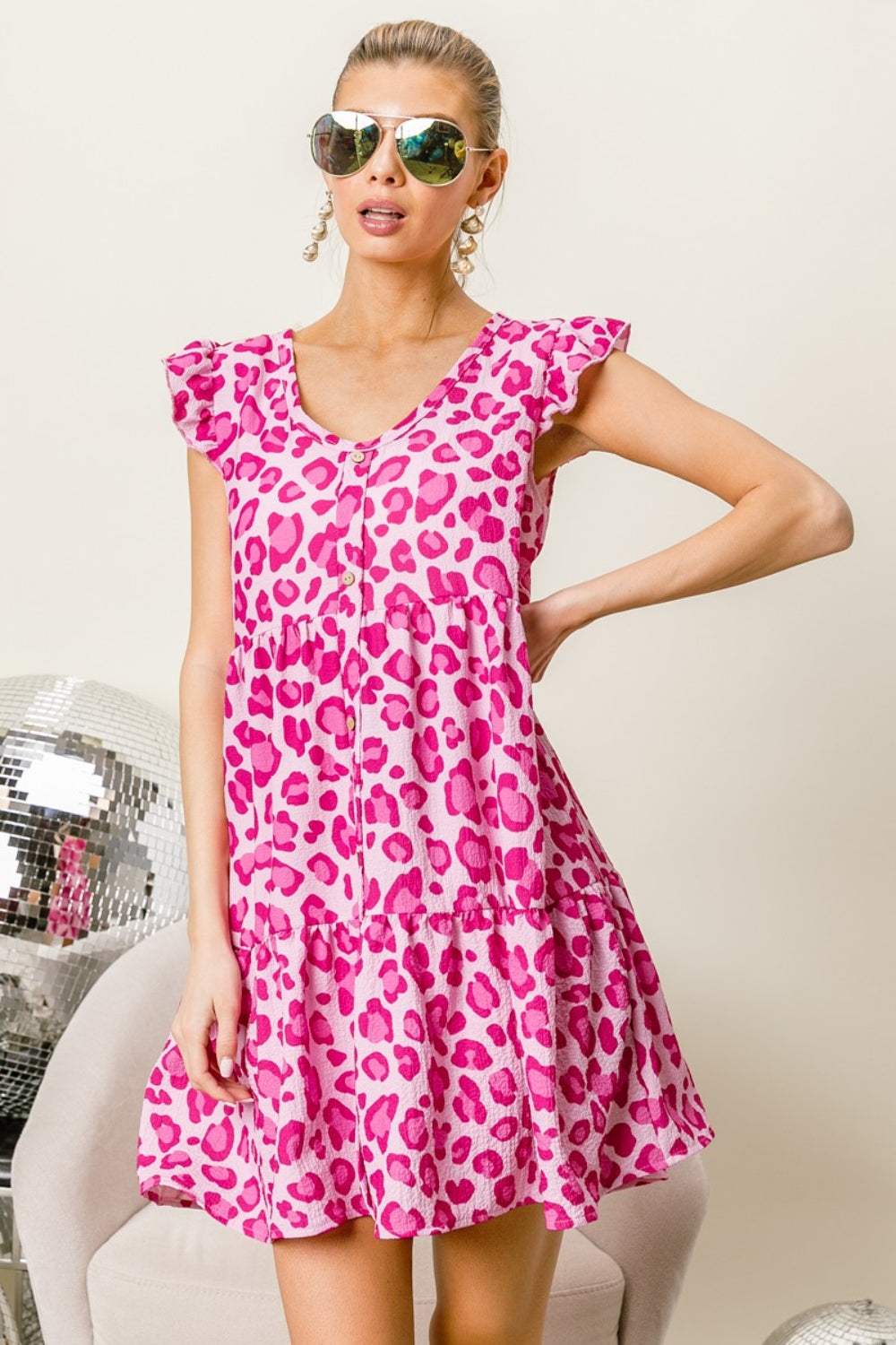 BiBi Leopard Cap Sleeve Tiered Mini Dress - Trendsi - Flyclothing LLC
