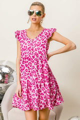BiBi Leopard Cap Sleeve Tiered Mini Dress - Trendsi - Flyclothing LLC