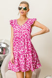 BiBi Leopard Cap Sleeve Tiered Mini Dress - Trendsi