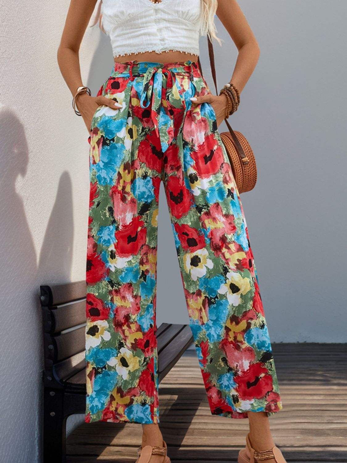Tied Printed Wide Leg Pants - Trendsi - Flyclothing LLC