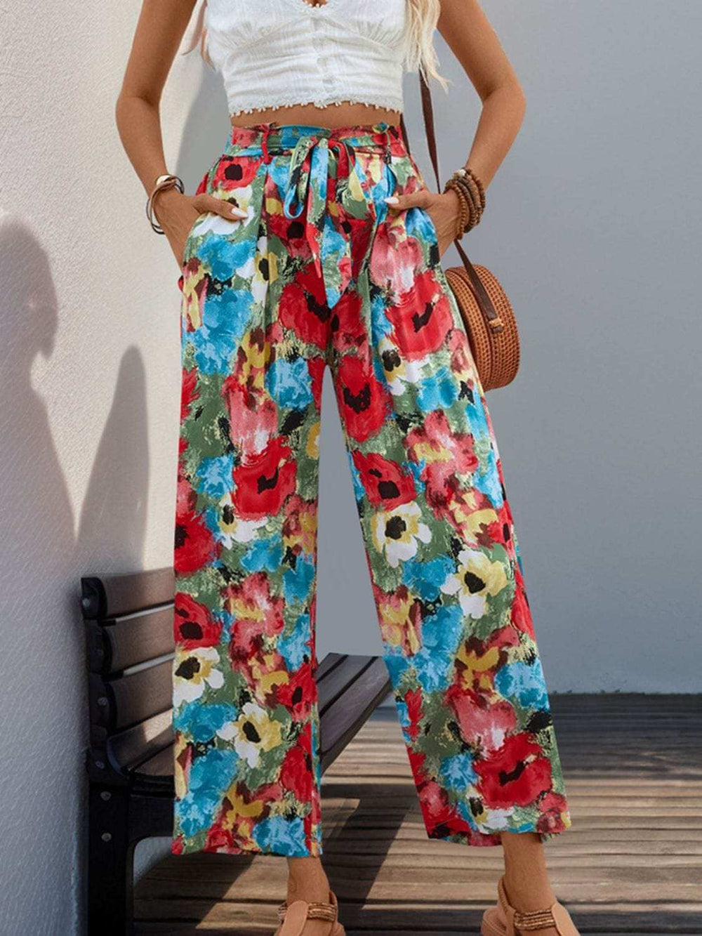 Tied Printed Wide Leg Pants - Trendsi - Flyclothing LLC