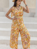 Printed V-Neck Tie Shoulder Jumpsuit - Trendsi