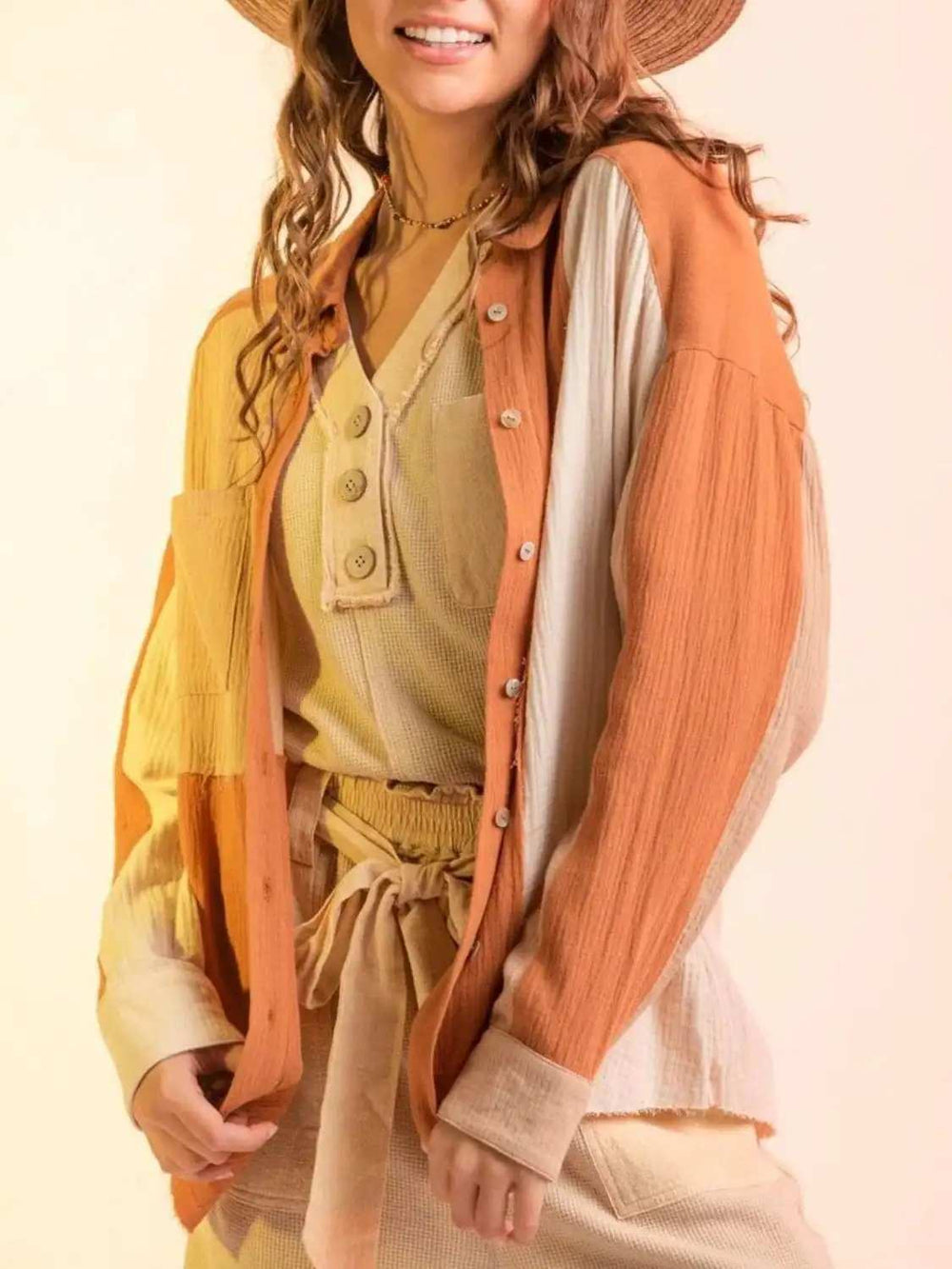 Contrast Button Up Long Sleeve Shirt - Trendsi - Flyclothing LLC