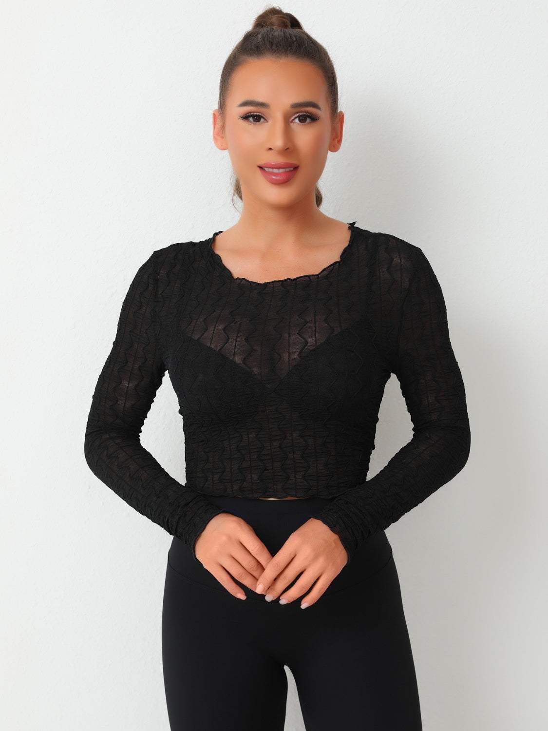 Textured Round Neck Long Sleeve Top - Trendsi - Flyclothing LLC