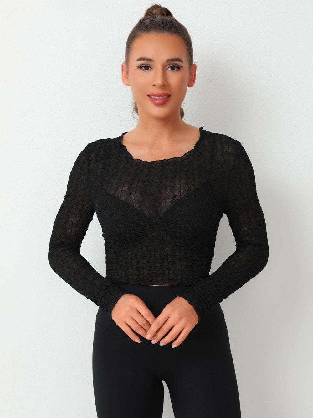 Textured Round Neck Long Sleeve Top - Trendsi - Flyclothing LLC