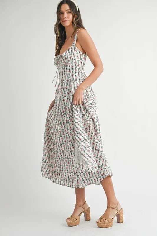 MABLE Floral Print Bustier Back Lace Up Midi Dress - Trendsi - Flyclothing LLC