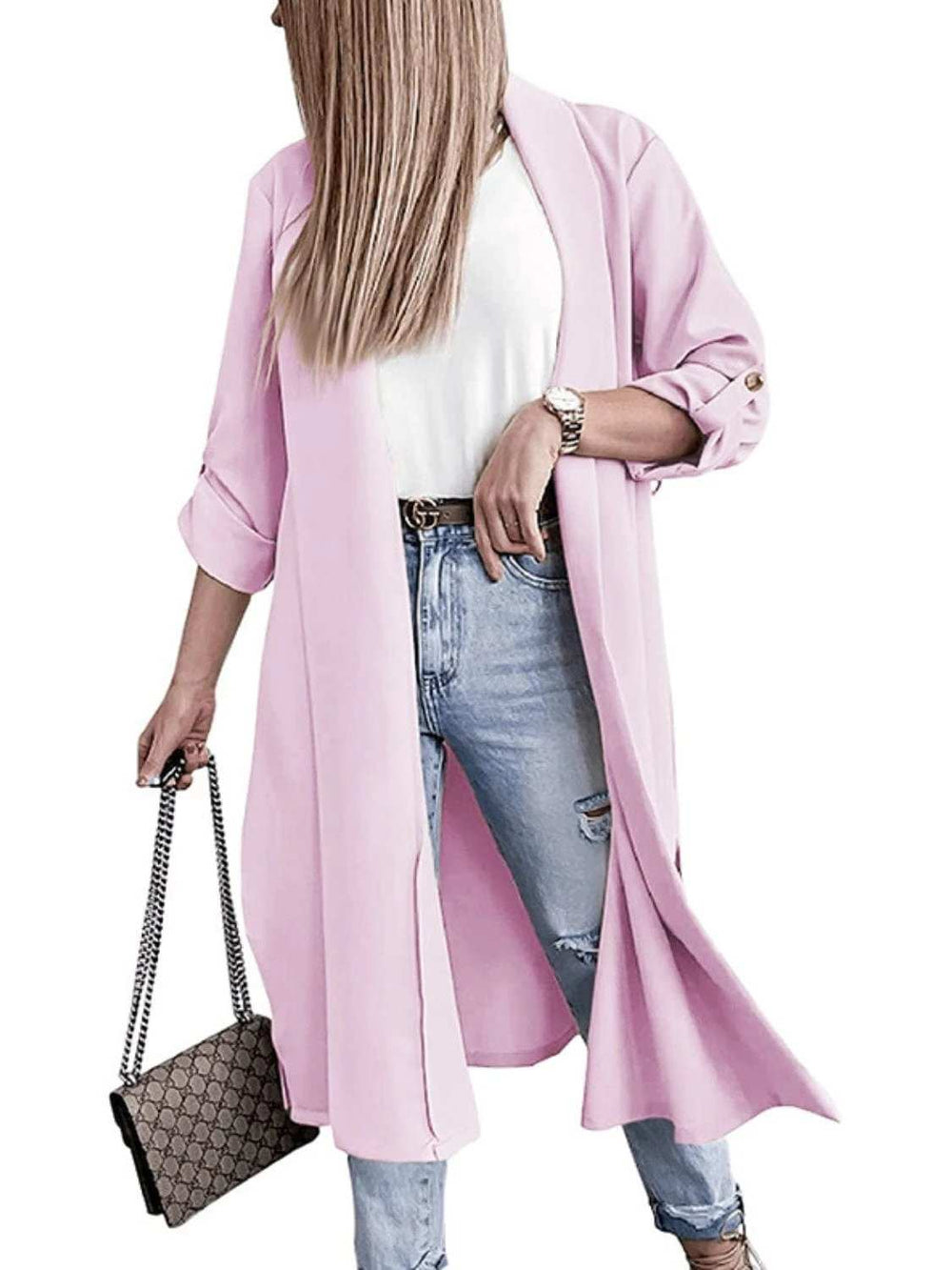 Slit Open Front Roll-Tab Sleeve Trench Coat - Trendsi - Flyclothing LLC