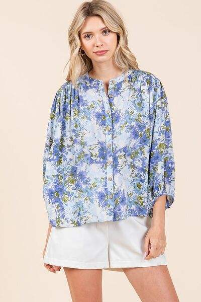 Mittoshop Flower Print Batwing Sleeve Button Down Blouse - Trendsi - Flyclothing LLC