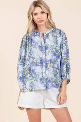 Mittoshop Flower Print Batwing Sleeve Button Down Blouse - Trendsi - Flyclothing LLC