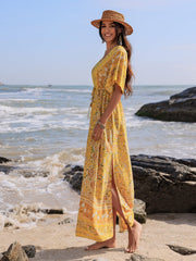 Drawstring Printed Plunge Half Sleeve Dress - Trendsi