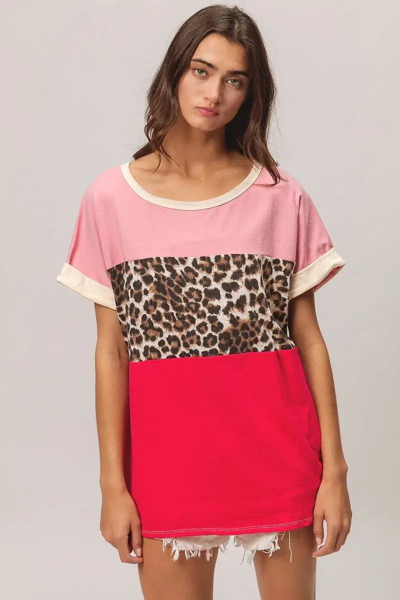 BiBi Leopard Printed Jersey Color Block Roll Up - Trendsi - Flyclothing LLC