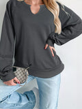 Lace Patchwork Detail Notched Mineral Wash Sweatshirt - Trendsi - Flyclothing LLC