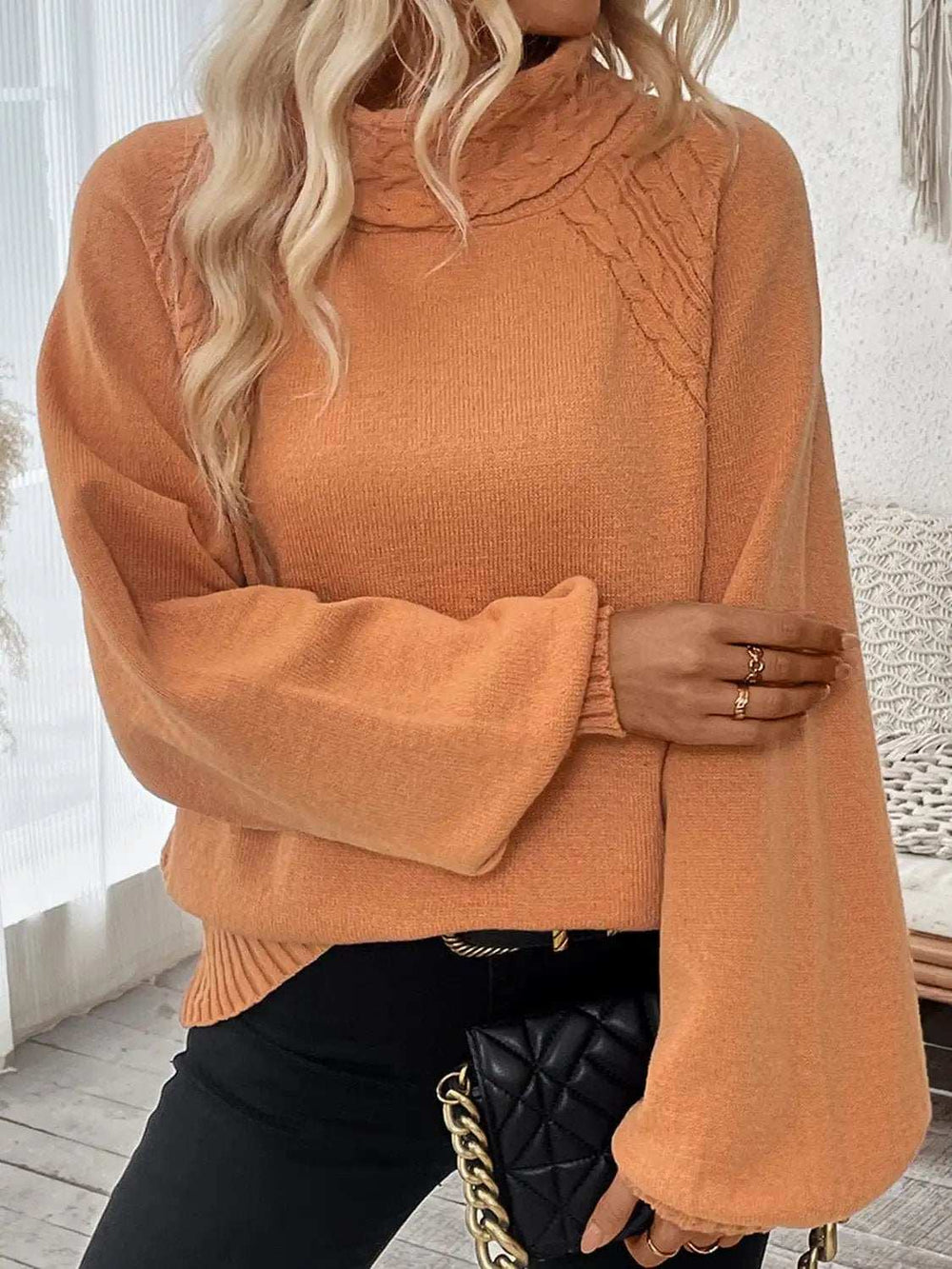 Cable-Knit Turtleneck Long Sleeve Sweater - Trendsi - Flyclothing LLC