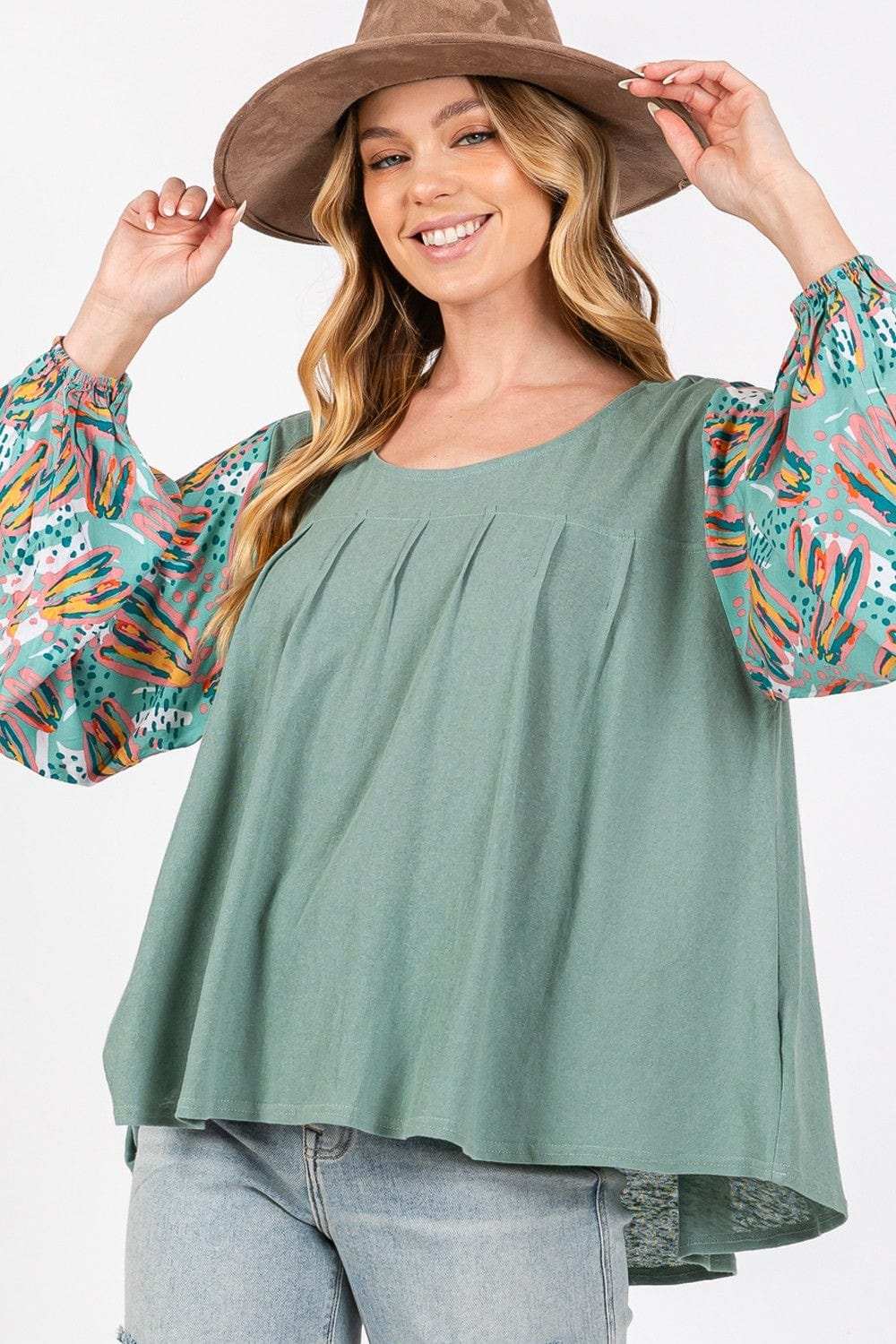 SAGE + FIG Ruched Round Neck Printed Bubble Sleeve Top - Trendsi - Flyclothing LLC