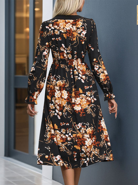 Printed Notched Long Sleeve Midi Dress - Trendsi