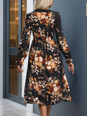 Printed Notched Long Sleeve Midi Dress - Trendsi