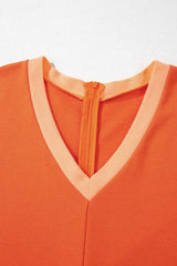Two-Tone Short Sleeve V Neck Patched Pocket Romper - Trendsi - Flyclothing LLC