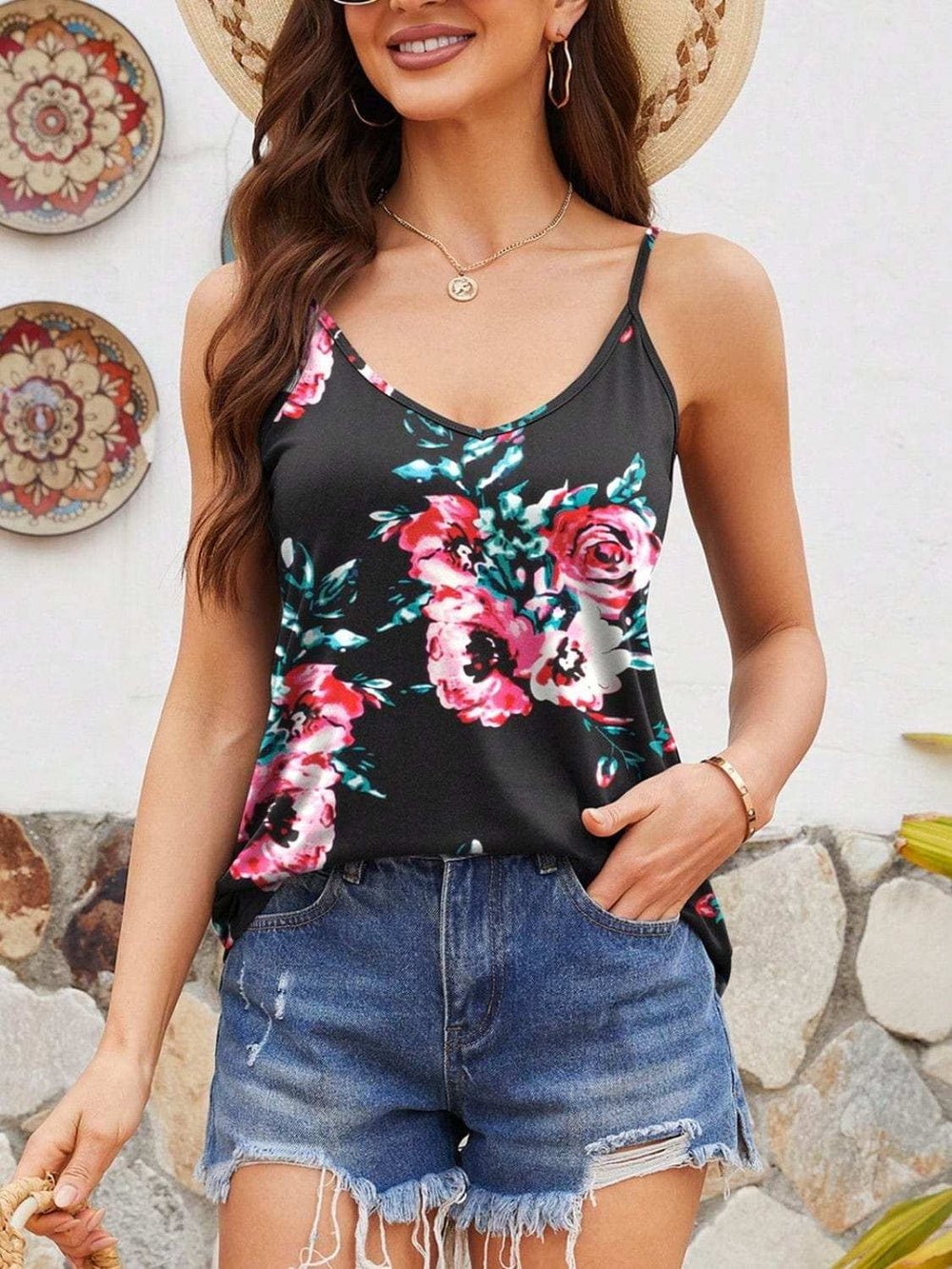Printed V-Neck Cami - Trendsi - Flyclothing LLC