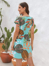 Drawstring Printed V-Neck Mini Dress - Trendsi - Flyclothing LLC