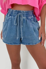 Drawstring High Waist Denim Shorts with Pockets - Trendsi - Flyclothing LLC