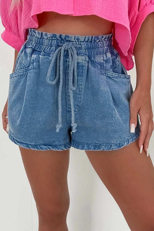 Drawstring High Waist Denim Shorts with Pockets - Trendsi - Flyclothing LLC