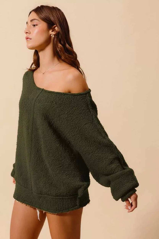 SO ME Loose Fit Exposed Seam Slouchy Boucle Sweater - Trendsi - Flyclothing LLC