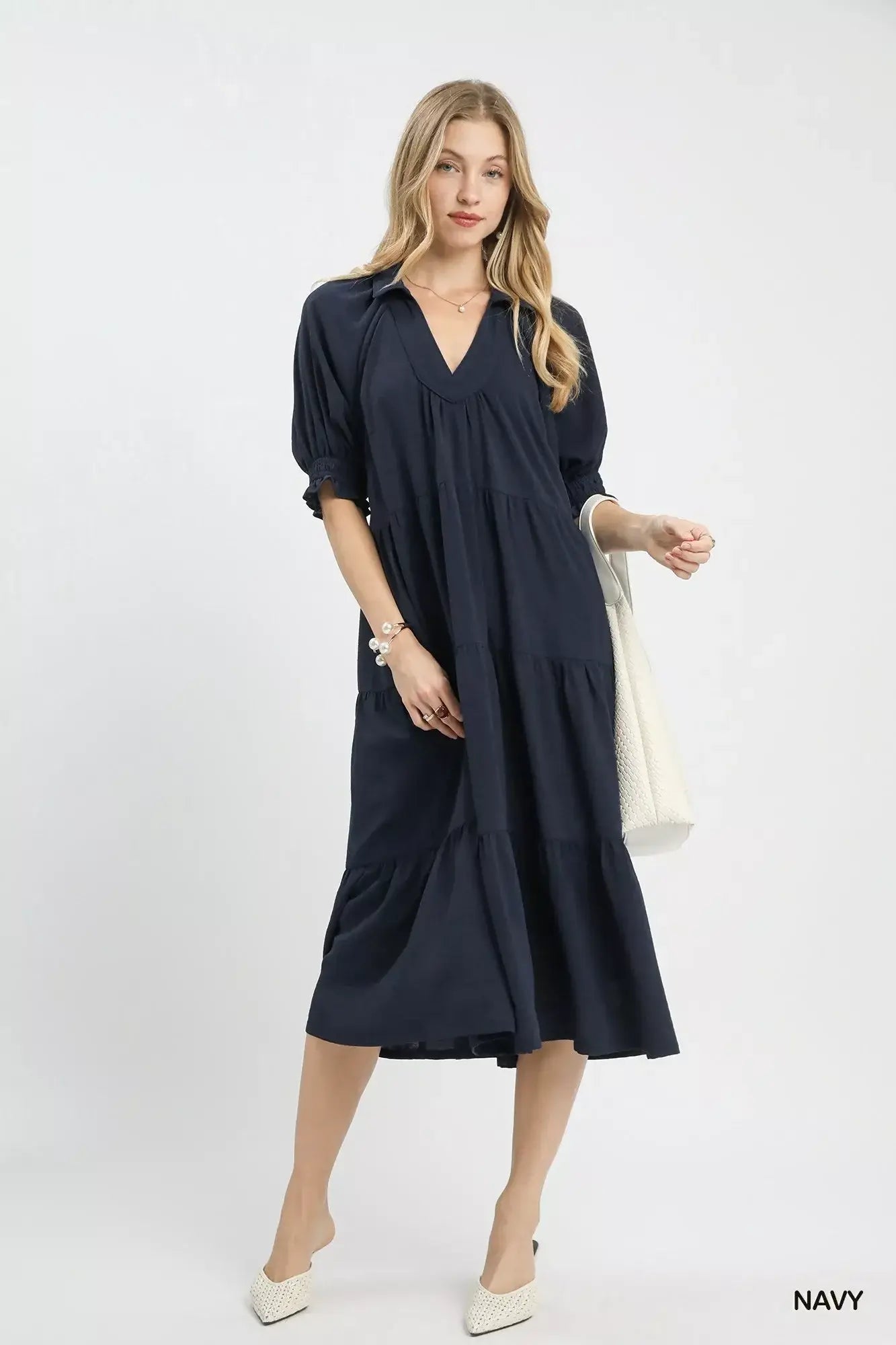 Umgee Solid Tiered Midi Dress - Trendsi - Flyclothing LLC