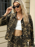 Pocketed Leopard Long Sleeve Denim Jacket - Trendsi
