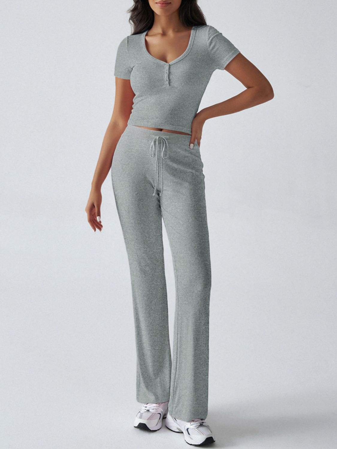 Devine Short Sleeve Top and Drawstring Pants Set - Trendsi - Flyclothing LLC