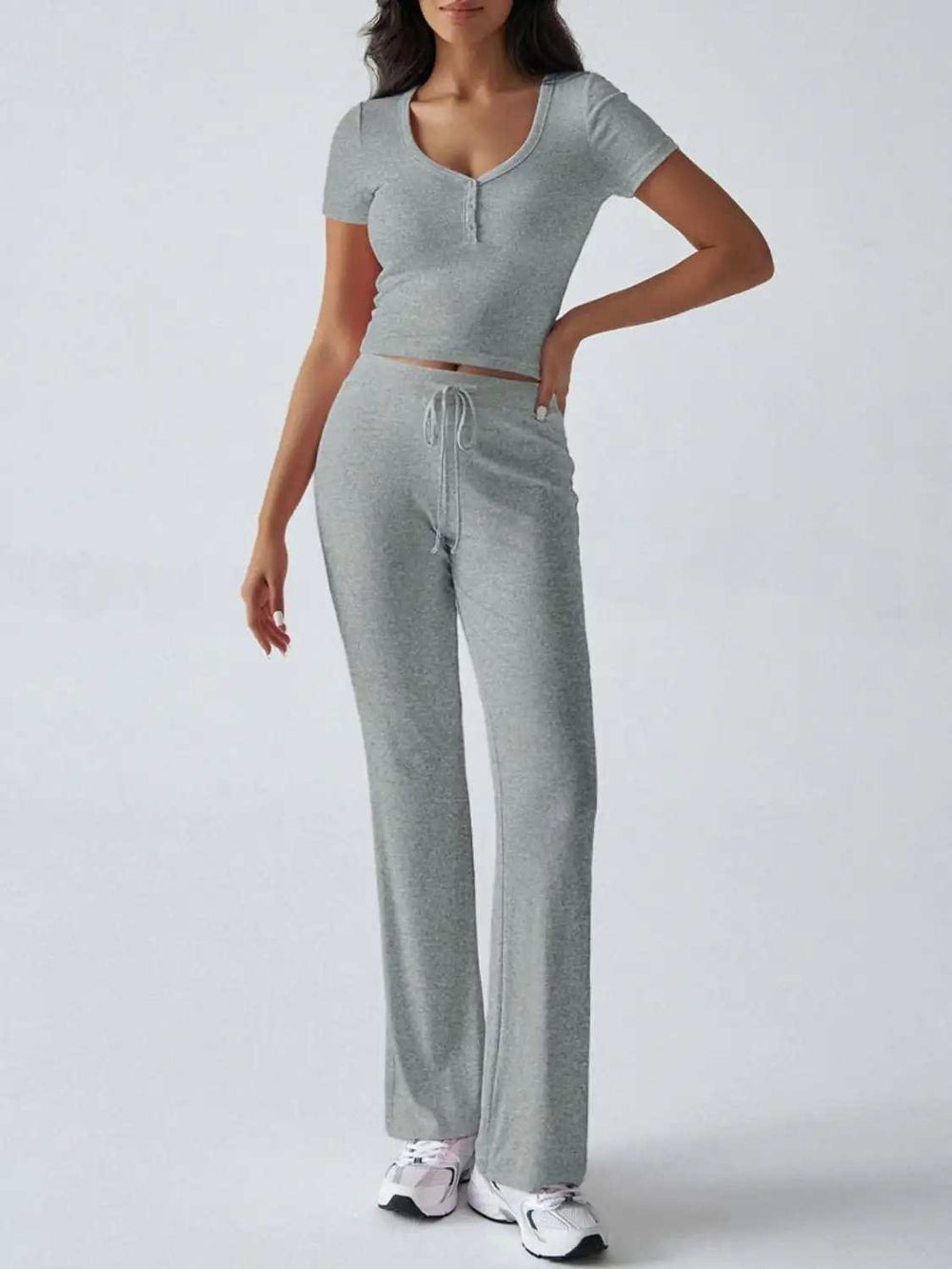 Devine Short Sleeve Top and Drawstring Pants Set - Trendsi - Flyclothing LLC